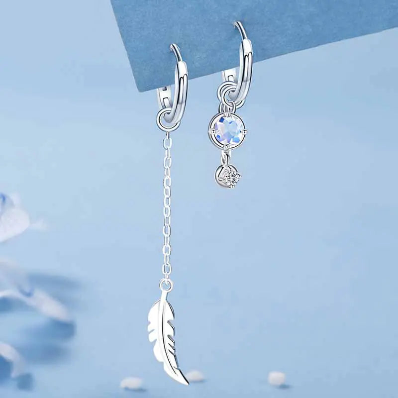 Asymmetrical Feather Earrings with Moonstone - 2022 Design