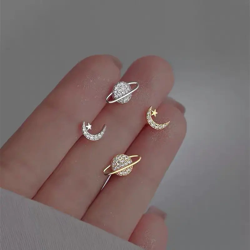Delicate Moon and Stars Asymmetric Earrings (One Pair)