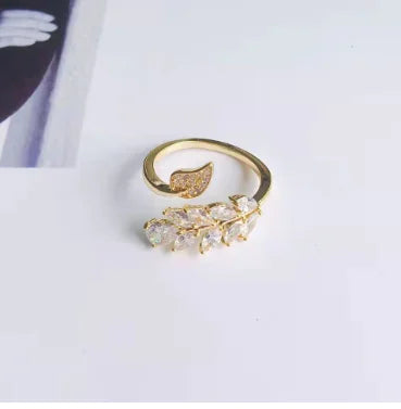 18K Crystal Leaf Ring - Adjustable Zirconia Design (One)